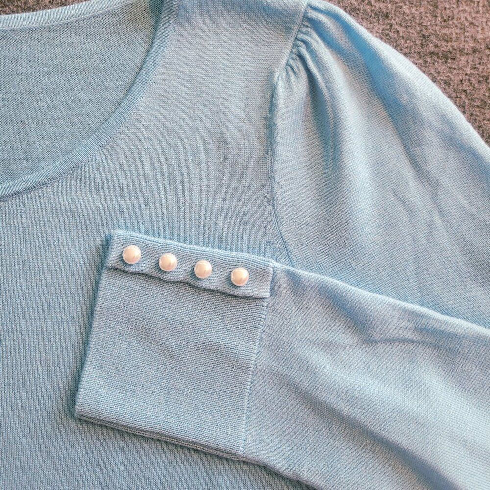 Talbots Sky Blue Merino Cardigan Pearl Buttons LP Preppy Pastel Spring Layer